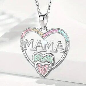 Silver, Blue, Pink MAMA Heart Necklace Sparkly Jewelry Gift for Mom Mother’s Day